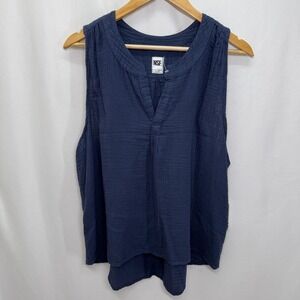 NSF Womens Sleeveless Tank Top XL Blue Cotton Gauze Split V-Neck Blouse Summer